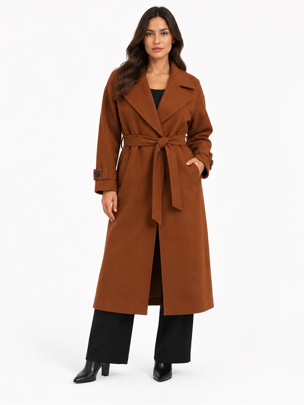 Womens Belted Long Wool-Blend Trench Coat - Tobacco size S/M